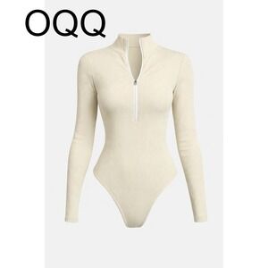 OQQ Beige Ribbed Zip Long Sleeve Bodysuit Women's S Nylon Blend Cleanfit